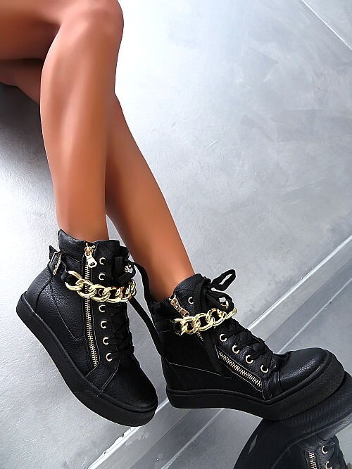 Flyfor Original Iconic Zapatillas altas Botas de cadena dorada Negro 35