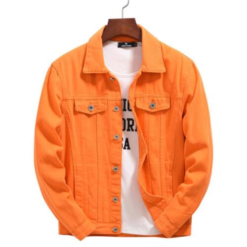 Men's Orange Denim Cotton Button Basic Jean Pockets Coat Punk Hip Hop Outerwear - Picture 12 of 14