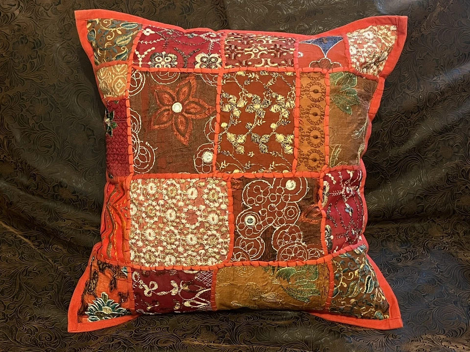 One of a Kind RED Patchwork cushion covers, COVER ONLY. Zipper, 16"x16", - Image 3 of 4
