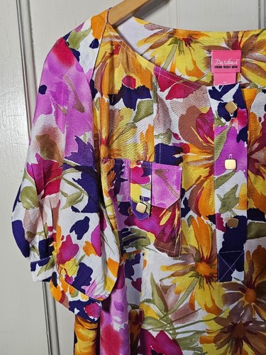 Du Jour Dress Women’s Size 10 Purple Pink Gold Floral Buttons Bell Sleeve Shift - Picture 6 of 23