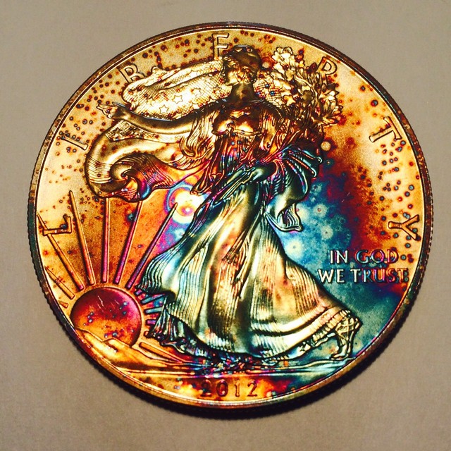 American Silver Eagle Dollar, 1oz. Fine Bullion, 2012, Rainbow Toned, Air-Tite