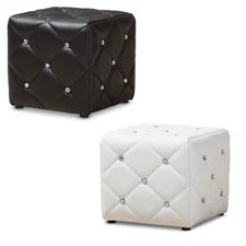 Black Or White Ottoman Modern Crystal Tufted Faux Leather Upholstered Foot Stool