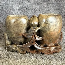 Vtg Carved Soapstone Brush Pot Double China