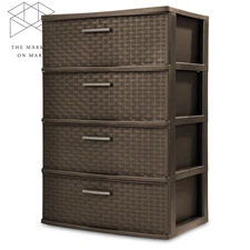 4 Drawer Wide Weave Tower, Plastic Décor Drawers with Pull Handles, Espresso