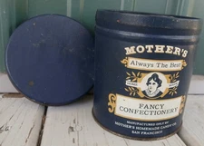 1970sVtg J.L. ClarkMother’sHomemadeCandyMetalTinCanisterLidRoundBlueWhite