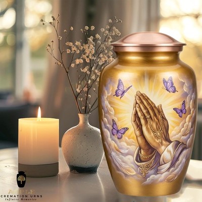 Spiritual Cremation Urn   Praying Hands & Butterfly Design Memorial Urn