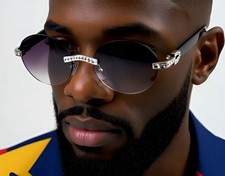 Trendy Round Rimless Sunglasses Black Lens Cholo Buffs Wood Arms Diamond Ice