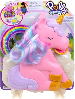 Polly Pocket 2-in-1 Spielset, Regenbogen Einhorn Salon Styling Kopf, 2 Micro Puppen