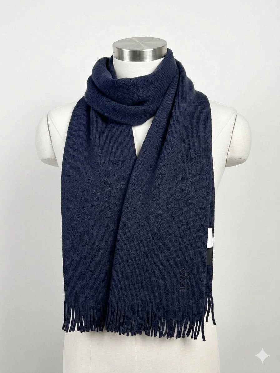 Hugo Boss Men's Scarf 100% Wool Dark Navy Blue Solid Knit Winter Fringe One Size
