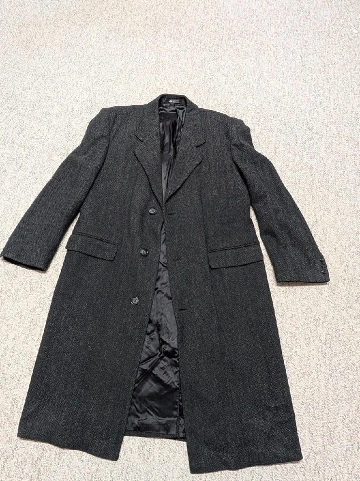 vintage TWEED donegal wool OVERCOAT trench 46 herringbone XL black charcoal - Image 3 of 4