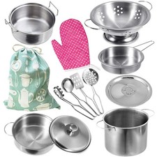 Cookware Pots and Pans Play Set with Cooking Mini Stainless-Steel Kitchen Coo...