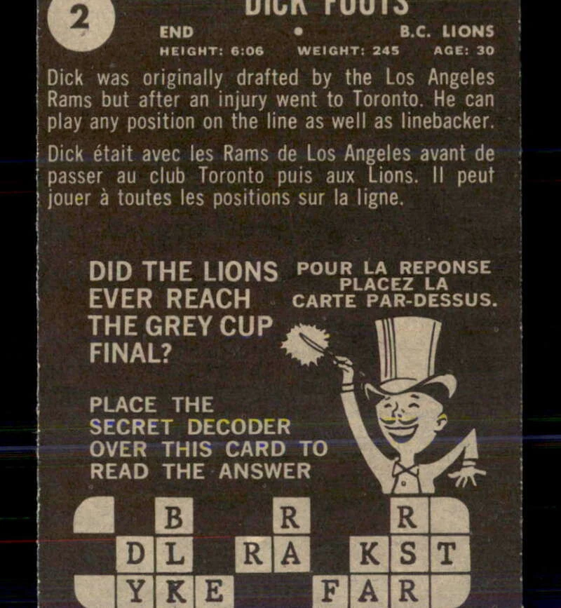 1964 Topps CFL #2 Dick Fouts  NM X2558751 - Image 2 of 3