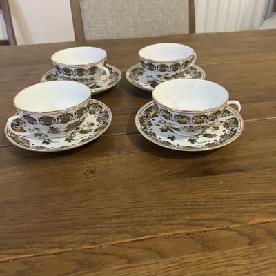 Vintage Chinesische Teetassen & Untertassen Rosa Lotus, Schmetterlinge Ananas Set für 4