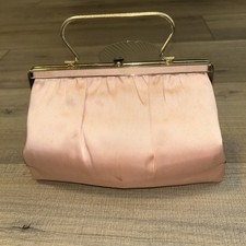 Vintage Satin Pink Frame Clutch Purse KISS Lock Pouch 1960  s Swing Era
