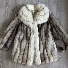 Vintage Gray Silver Fox Real Fur Coat White Fur Collar Sz L Mob Wife Loud Luxury