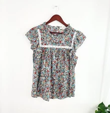 Loft M Blue Yellow Boho Floral Cap Sleeve Top Blouse Women’s Medium 