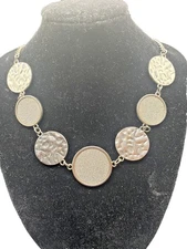 Signed Charming Charlie Necklace Hammered Glitter Discs Station Silver Tone 37"