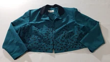 Allison Che Crop Open Blazer Long Sleeve Collar Green Black Leaf Embroidery *