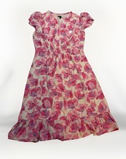 Talbots Pink Floral A-Line Knee Dress V-Neck Ruffle Flutter Sleeve 10