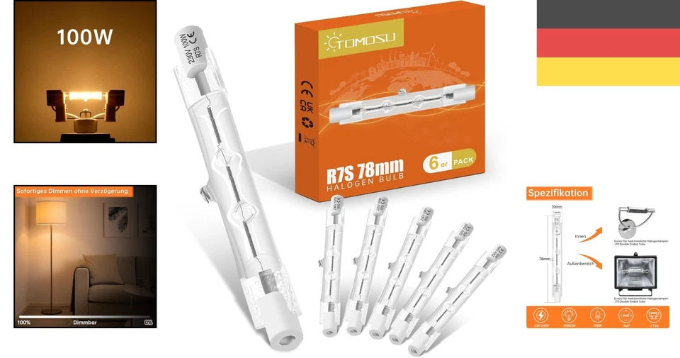 6er Set R7s Halogenstab 100W Dimmbar 78mm Warmweiß 2800K - Flimmerfreies Licht - Bild 2 von 4