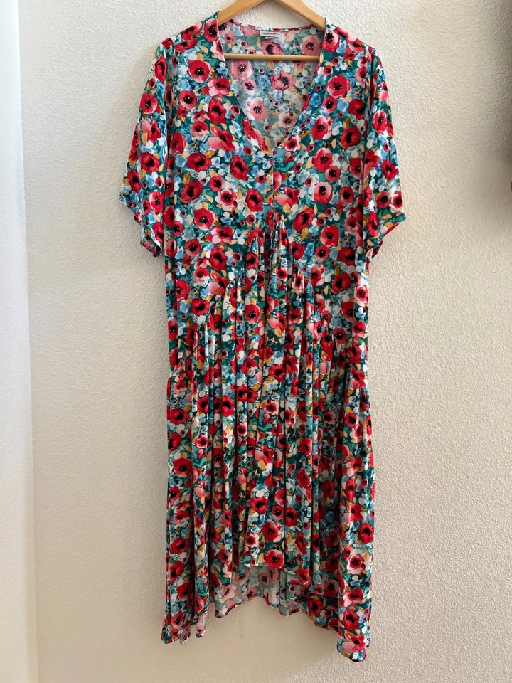 Vestido Avenue Talla 18/20 Floral Midi Cuello en V Rojo Amapola Boho Cottagecore Verano Foto 4 de 4