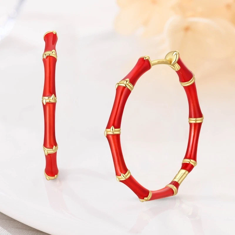 PANDACH 925 Sterling Silver Red Bamboo Segment Statement Hoop Earrings For Women - Image 3 of 4