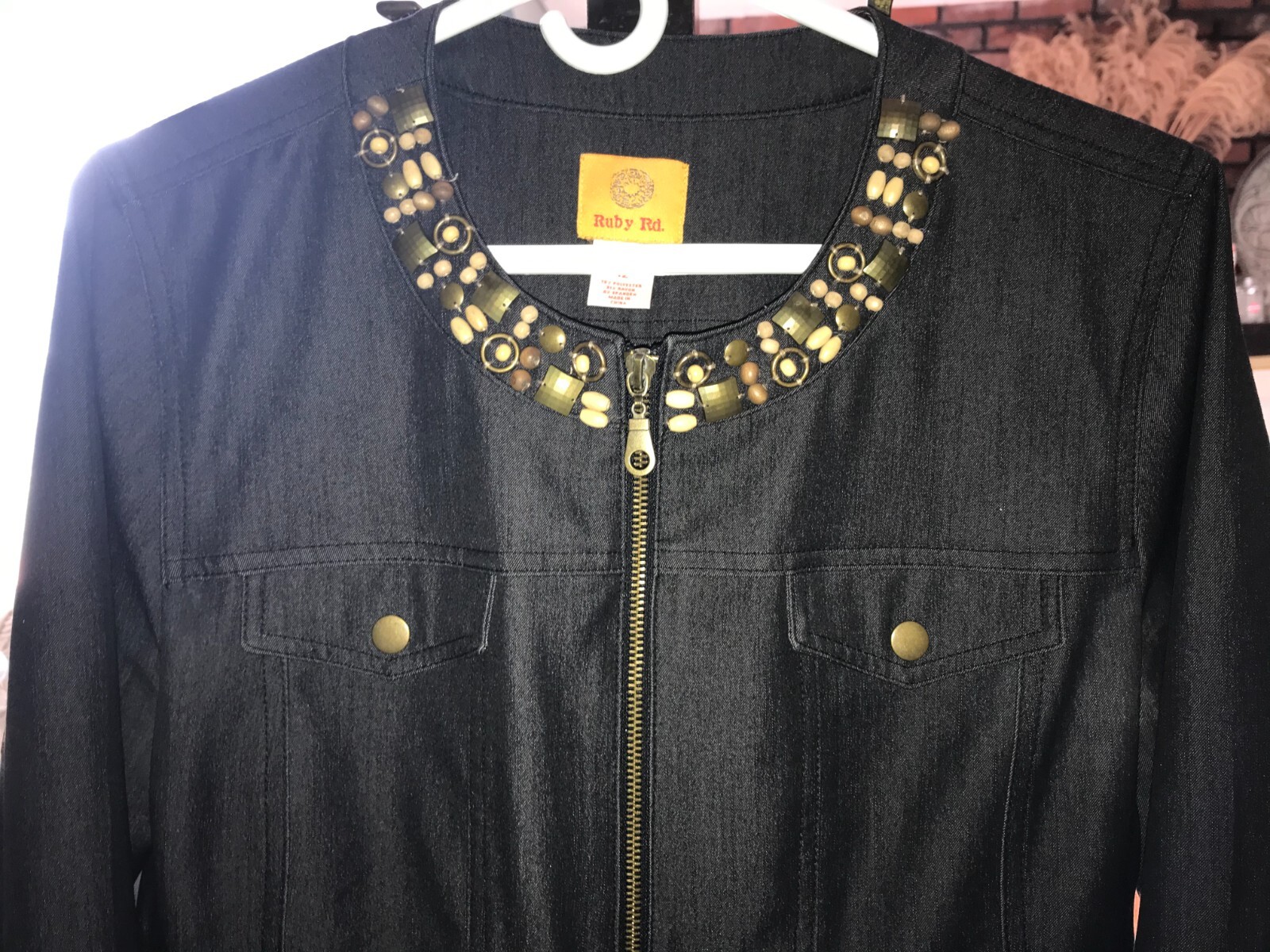 RUBY RED Black Jean DENIM JACKET Embellished BEAD… - image 11