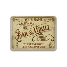 Where Everyone Gets a 2nd shot custom Backyard Bar & Grill Parchment Metal Sign