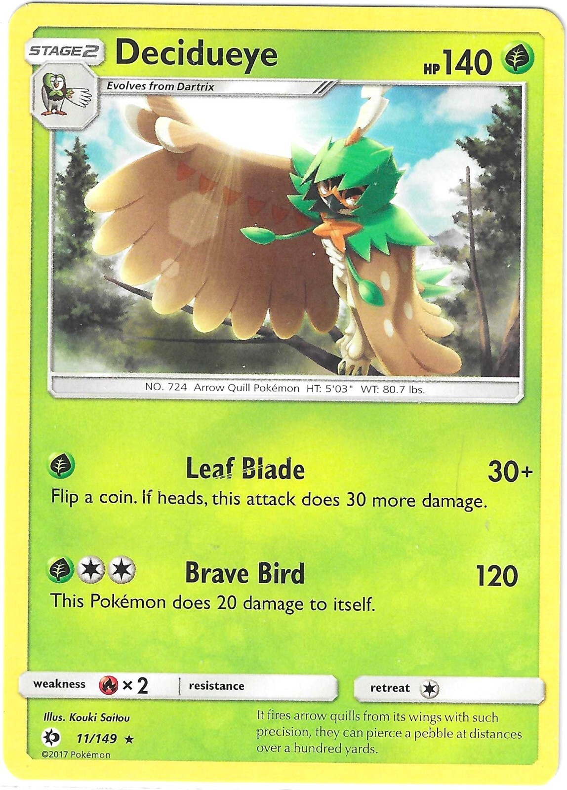 Pokemon  Sun & Moon Base Set RARE DECIDUEYE 11/149 PACK FRESH