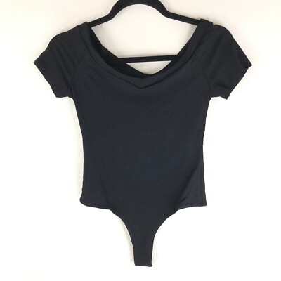 Lulus Sandpiper Black Ribbed Off-the-Shoulder Bodysuit Short Sleeve Stretch M