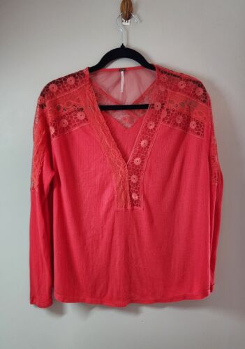 Anthropologie Free People Lola Lace Trim V-Neck Long Sleeve Rose Crimson Size XS - Bild 3 von 6
