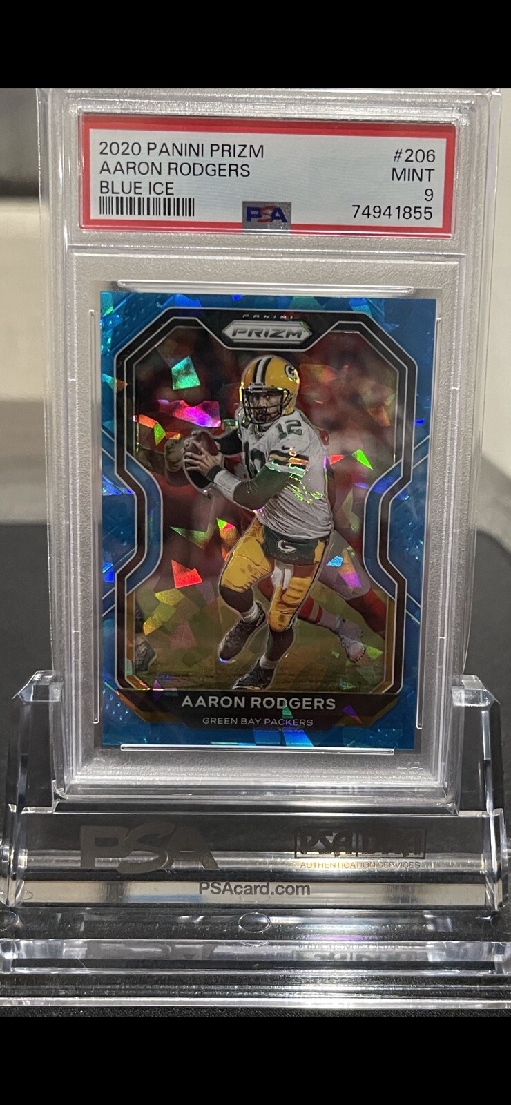 AARON RODGERS 2020 Panini Prizm BLUE ICE #206 PSA 9 Mint PACKERS Pop3 /99