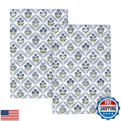 Navy Blue Green Boho Kitchen Towels 16x24 Inch Vintage Flowers Decor Dish Tow