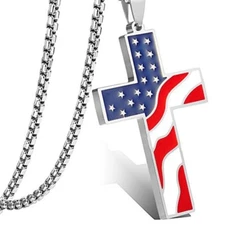Silver Mens American Flag Cross Pendant Necklace Religious Christian Chain 24"