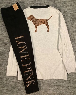 Victoria's Secret Pink Leopard Dog Campus LS Tee Shirt + 7/8 Leggings Set XL NWT