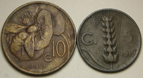 ITALY 5 Centesimi 1919 R & 10 Centesimi 1919 R - 2 Copper Coins - 758 *