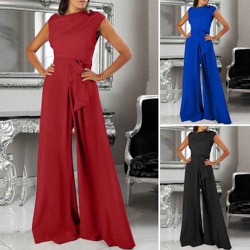 Womens Sleeveless Solid Jumpsuits Ladies Summer Wide Leg Romper Pants