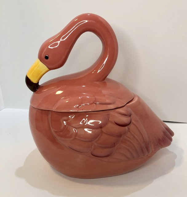 World Market Pink Flamingo Cookie Jar Summer Tropical Tiki Bird Kitsch