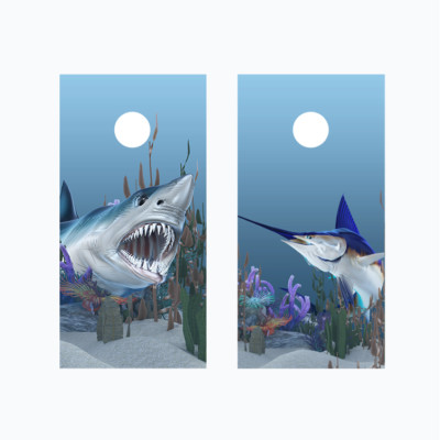 Cornhole Wraps - Ocean Beach Shark Swordfish Combo Fish Vinyl Decals 2 Sheets