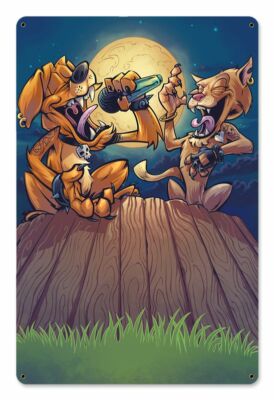 DOG SINGING INTO MICROPHONE CAT ON FENCE MOON 18'' HEAVY DUTY USA MADE METAL SIGN