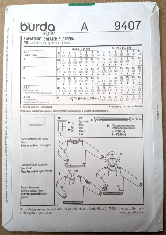 BURDA Kids Pattern 9407 Boys Sweater Hoodie Size 4-10 Uncut - Image 2 of 3