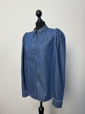 Happy Haus women blue denim collarless shirt ballon slvs blouse size 38 p2p 18,1