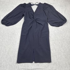 Vince Camuto Dress Womens 10 Navy Balloon Sleeve Knot Front Sheath Midi V-Neck