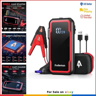 Car Jump Starter 3000A Peak 20000mAh 12V Power Bank with Quick Charge Ports