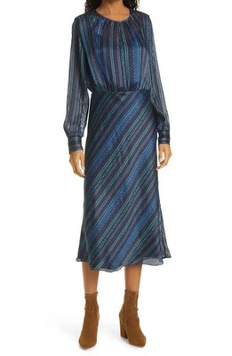 Veronica Bart $ 795 Dita gestreiftes Devore Seidenmischung Midikleid UK 10 US 6 neu mit Etikett