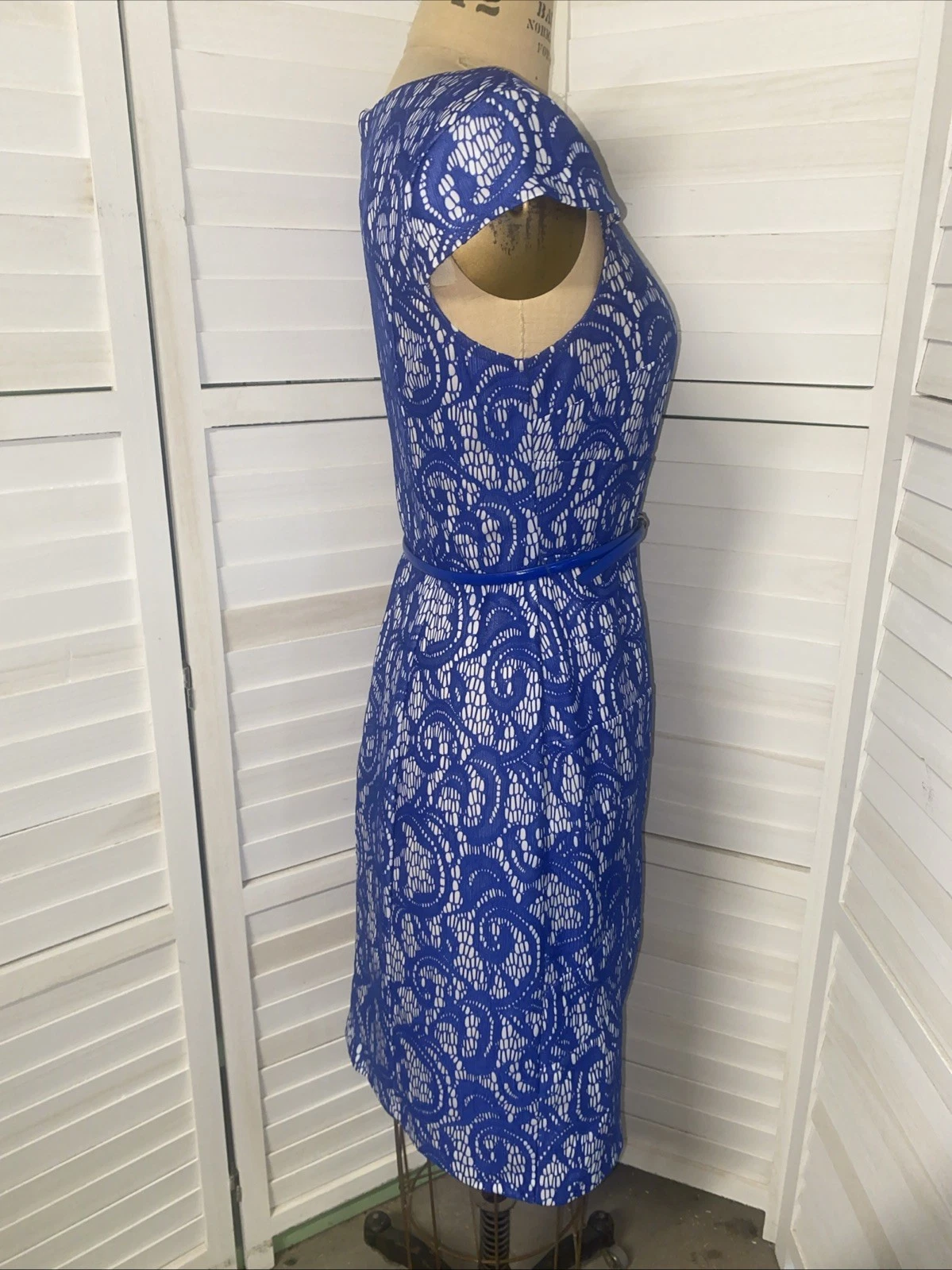 ALYX Vestito Donna S S Blu Pizzo Over Bianco Vestibilità N Svasato Linea A Vestito Cintura Tg 8