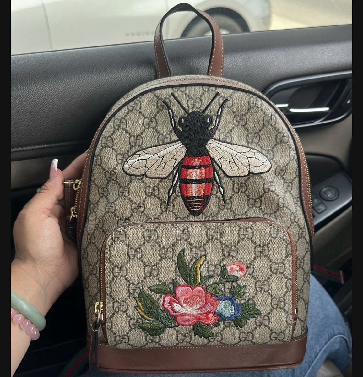 Gucci GG Bee Floral Embroidered Backpack Brown Red Green Designer