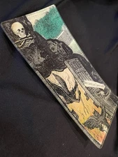 Signed JOHN DERIAN “Save Lord, Or I Perish” Decoupaged Glass 9x4.5” Pencil Tray