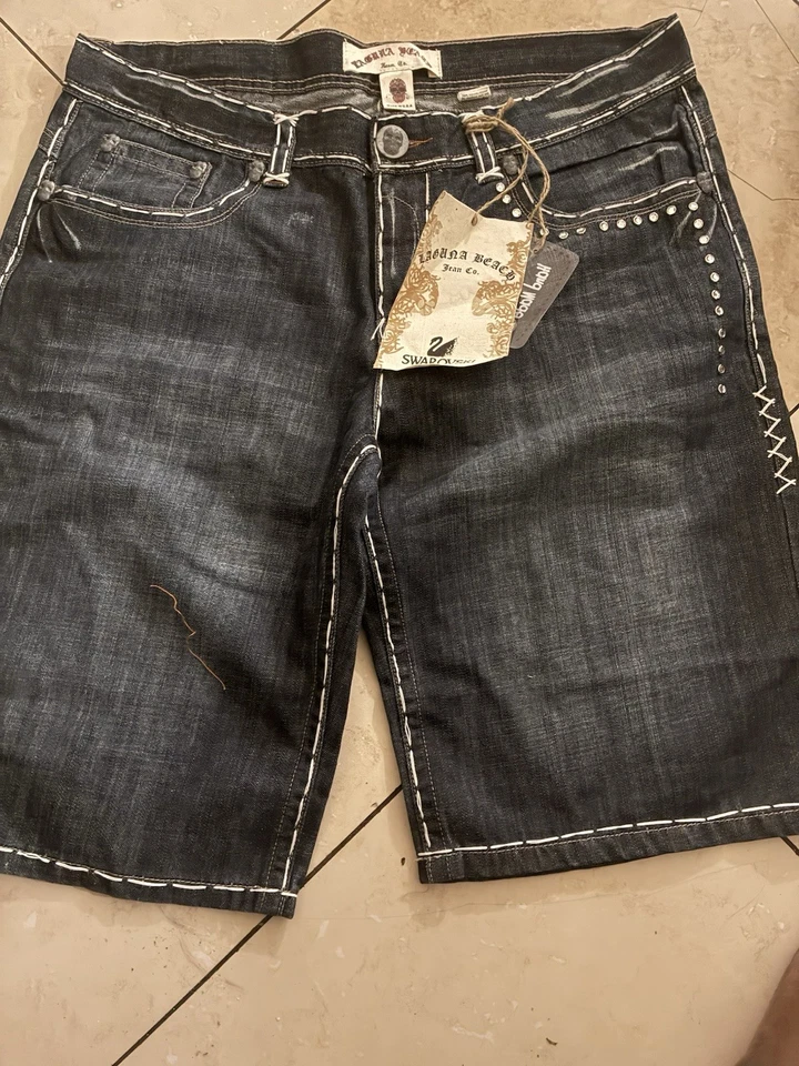 Pantalones Cortos de Jean Sueltos Cosidos a Mano Vintage Y2K Nuevos con Etiquetas Laguna Beach Jean Co Talla 40 Foto 3 de 4