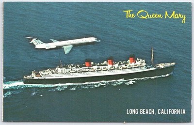 Queen Mary Ocean Liner & Douglas DC-9 Plane Long Beach CA 1976 Postcard